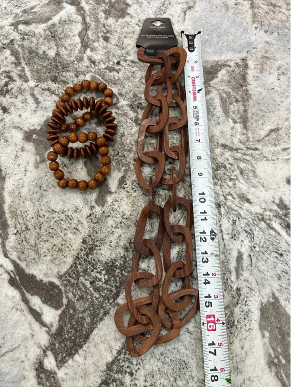 Edge Wooden Chain Necklace with Set of Three Wooden Beaded Bracelets